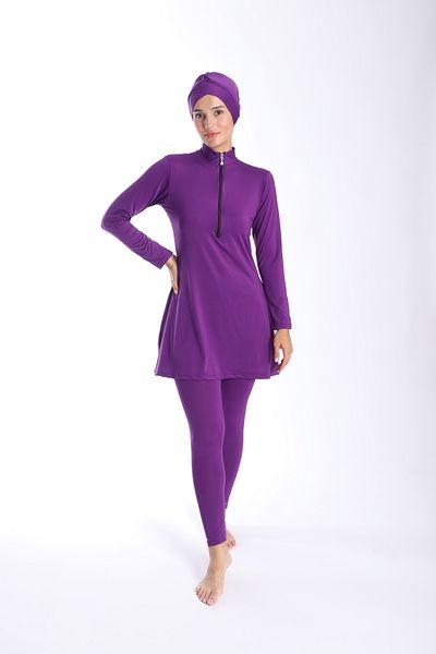 My-o Long Sleeve Zippered Women's Hijab Swimsuit - Solid Color 38-52