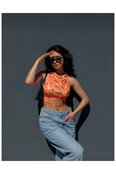 Kadın Bel Dolamalı Kolsuz Crop Turuncu