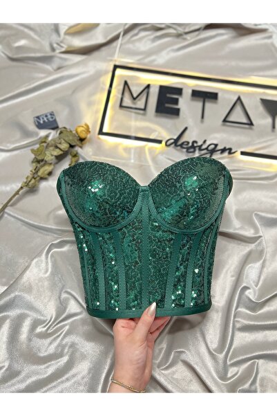 Metay Design Zümrüt Yeşil Pullu Payetli Korse Büstiyer