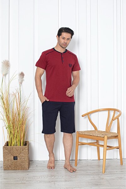 KAPİTEX Ανδρικό σετ πιτζάμες καροτσιού μπορντό 100% βαμβακερό - κοντό μανίκι,...