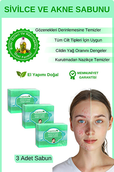 Organicsun Doğal Akne ve Sivilce Karşıtı Sabun 140 Gr x 3 Adet Tüm Cilt Tiple...
