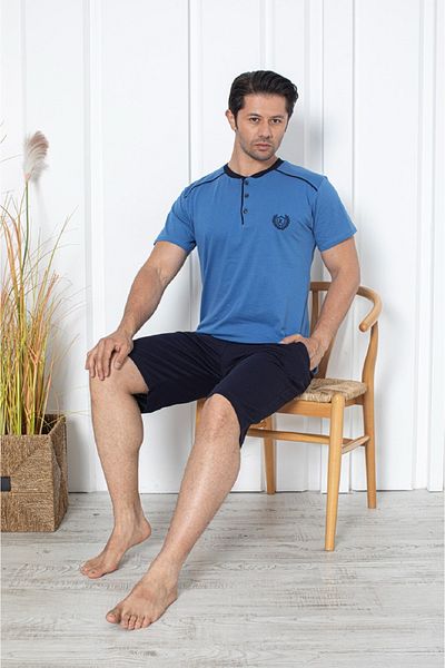 KAPİTEX Ανδρικό σετ πιτζάμες Indigo Color - 100% βαμβάκι, κοντό μανίκι, γιακάς Capri με κουμπιά και τσέπες