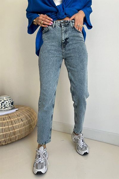 geenz manifacture Jean Mom cu talie înaltă - Boyfriend pentru femei, albastru zăpadă, Colorfast Power Lycra