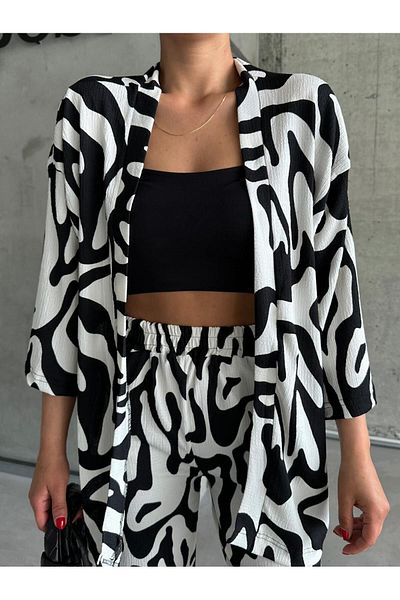 MODERNİZE Set de pantaloni lungi cu umăr dezactivat ZEBRA alb-negru pentru femei
