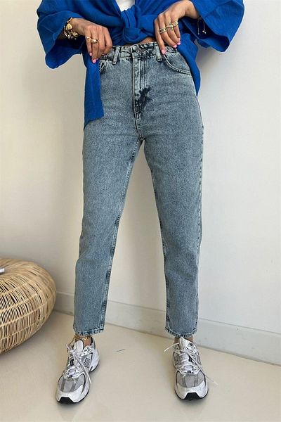 geenz manifacture Jean Mom cu talie înaltă - Boyfriend pentru femei, albastru zăpadă, Colorfast Power Lycra