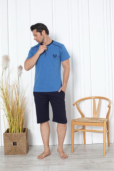 KAPİTEX Ανδρικό σετ πιτζάμες Indigo Color - 100% βαμβάκι, κοντό μανίκι, γιακάς Capri με κουμπιά και τσέπες