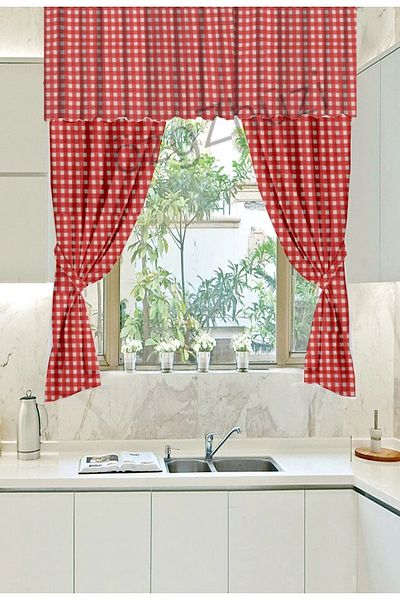 perlina home 2 Wing Background Curtain Checked Red + 200 Cm Farbela