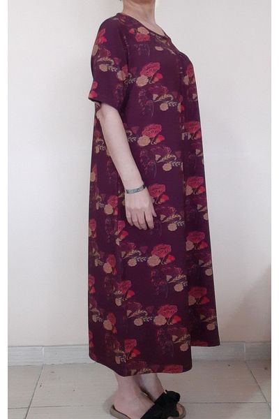 Mertcan Butik Rochie din vascoză din bumbac pieptănat cu model de prune, cu halat decupat în față și în spate