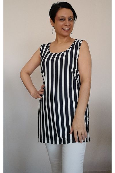 Mertcan Butik Tricou din vascoză din bumbac pieptănat cu dungi groase, albastru bleumarin