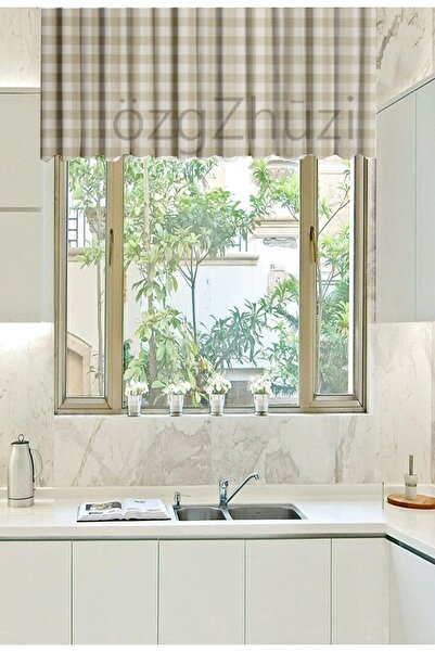 perlina home Kısa Mutfak Perdesi Büyük Kareli Bej