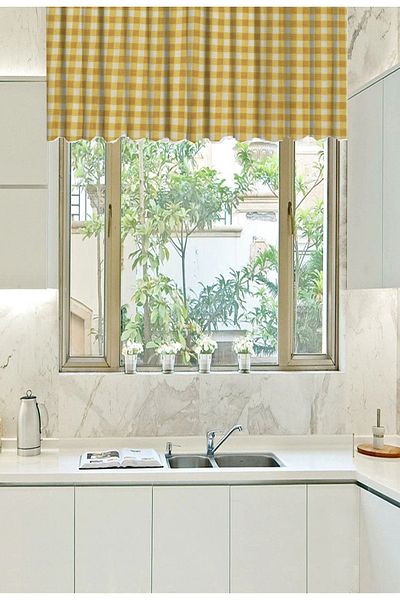 perlina home Short Kitchen Curtain Small Checkered Yellow