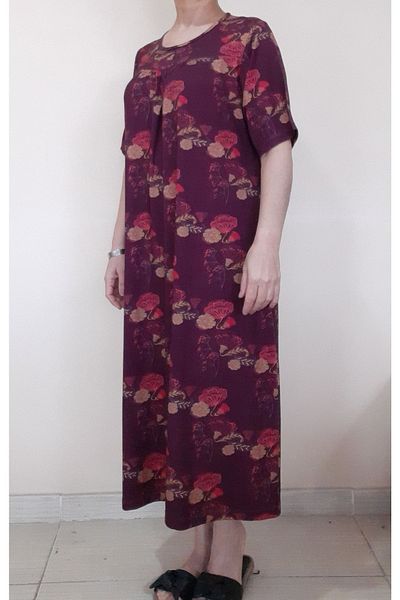 Mertcan Butik Rochie din vascoză din bumbac pieptănat cu model de prune, cu halat decupat în față și în spate