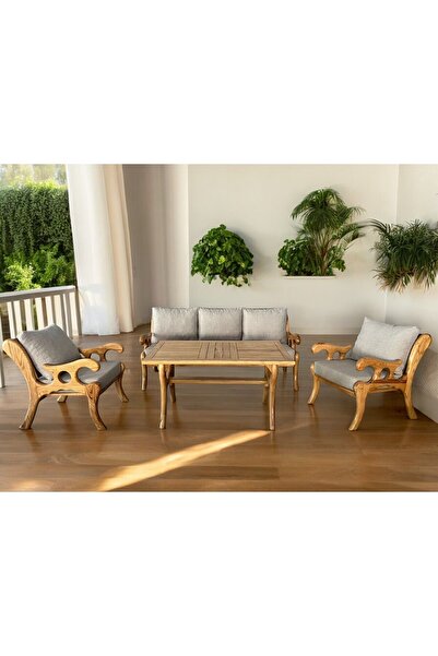 zerkaconcept Vanessa Masif Ahşap Bahçe Balkon Koltuk Kestane Ağacı 3+1+1 Koltuk, Masa Takımı
