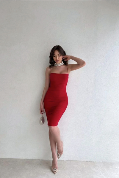 Rabia Çelik Ip Askılı Büzgülü Likra Kumaş Kadın Kırmızı Kalem Elbise