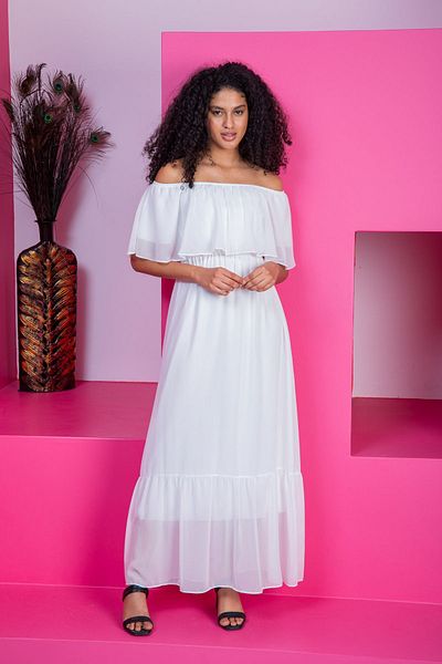 Azra Style Φόρεμα Carmen Collar Λευκή Φούστα με βολάν μακρύ σιφόν