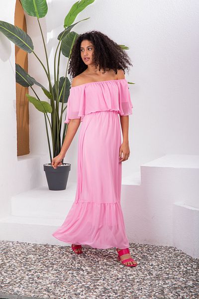 Azra Style Φόρεμα Carmen Collar Pink Skirt με βολάν μακρύ σιφόν
