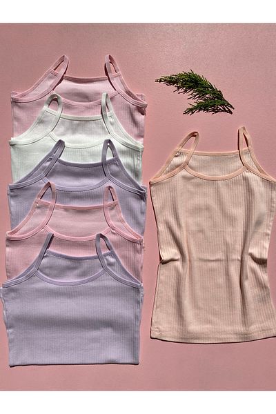 LEYNA BUTİK Girl's 6-Piece Ribbed Rope Strap Lycra Cotton Tank Top