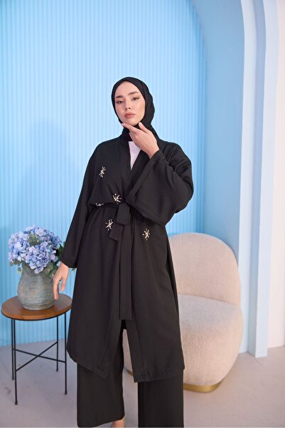 ARL MODA Taş Detaylı Kuşaklı Keten Kumaş Alt-üst Kimono Takım