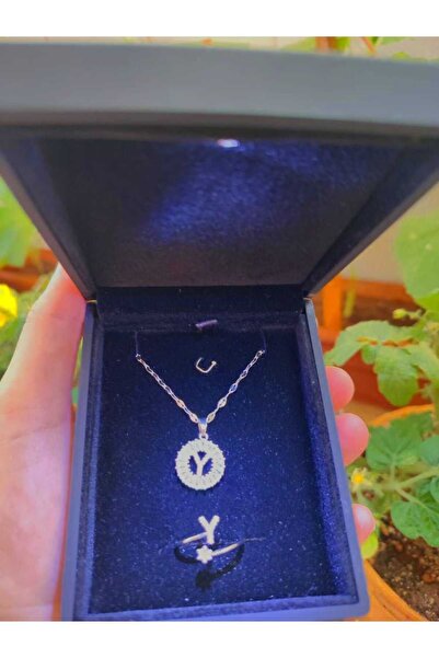 HKN AVM ACCESSORİES Işıklı Kutuda Harf Kolye Harf Yüzük Y Harfi Kolye Set Kombin