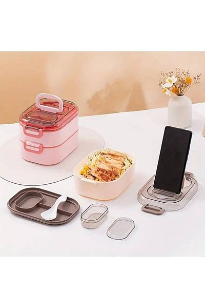 Vagonlife Stainless Steel Bento Lunch Box - Two Layers, Three Compartments, 1000 ml, New Generation Lunch Bowl, with Sauce Bowl xc-7081