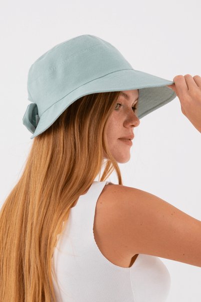 Hat Town Bow Detailed Linen Bucket Women's Hat