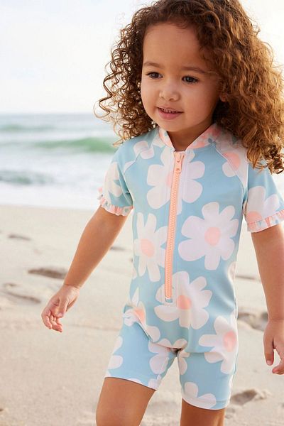 Next Baby Costum de baie cu imprimeu floral UPF50, albastru/roz, rezistent la soare, ALY00709