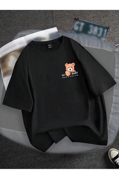 Boi Teddy Bear Pattern - Ασπρόμαυρο Oversize T-Shirt με λεπτομέρεια τσέπης