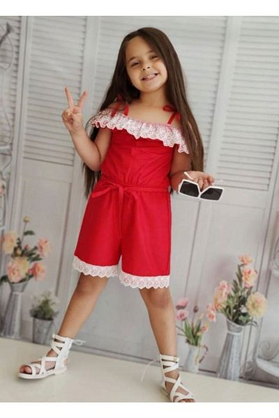 ELISHA Linen Jumpsuit - Girl, Lace Detailed Shorts