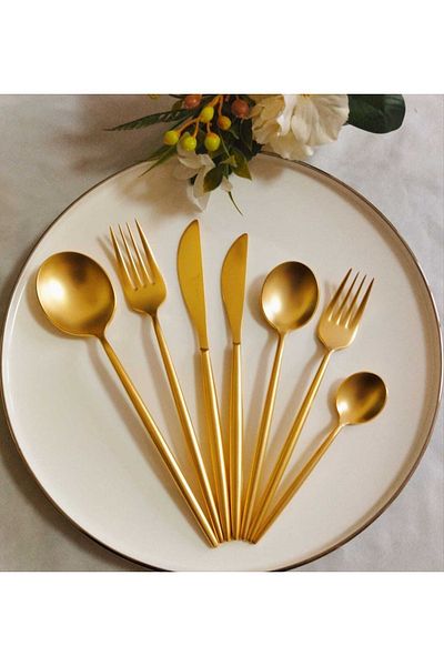 BRONDOFF Ikon 24 Carat Matte Gold Plated 84 Piece Fork Spoon Set