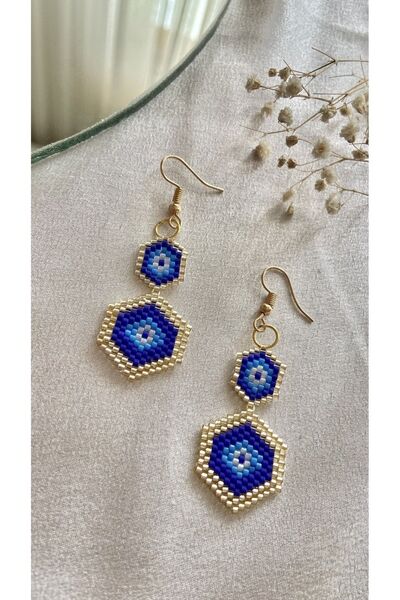 Revival Aksesuar El Yapımı Nazar Boncuk Desen Miyuki Küpe