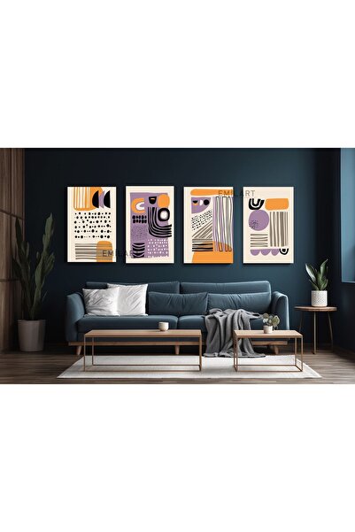 EMİLART SOYUT BOHEM MOR TURUNCU RENKLİ DÖRTLÜ MİNİMAL KANVAS TABLO
