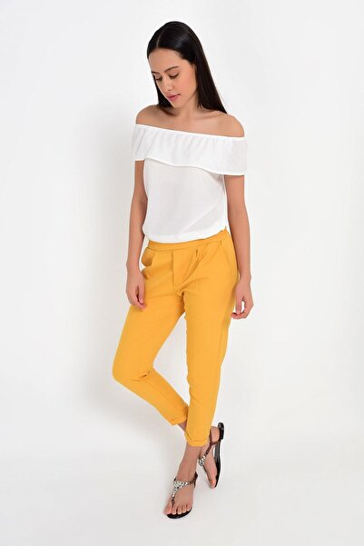 Cotton Mood 9132590 Azra Pocketed Elastic Waist Carrot Trousers Mustard