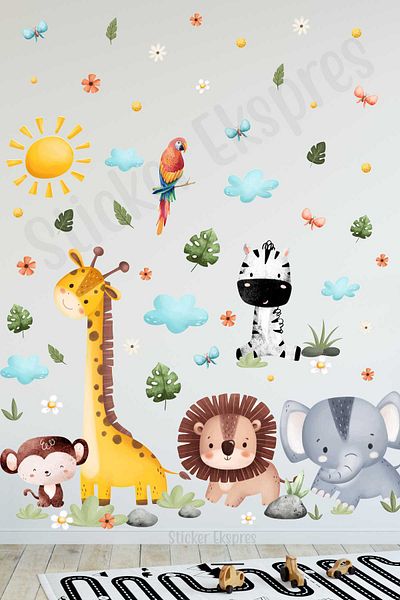 Sticker Ekspres Set de autocolante de perete drăguț cu animale de safari pentru copii, școală, creșă