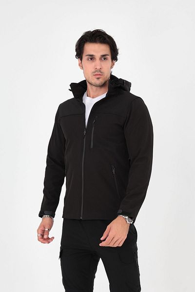 Camp Scoutland Camp457 Outdoor Softshell Ανθεκτικό στο νερό και τον άνεμο Fleece Inside Mobile Hooded Ανδρικό μαύρο παλτό τακτικής