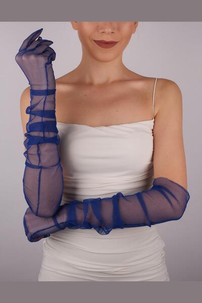 Limelia Saks Mavi Uzun Şık Gelin Eldiveni Tül Eldiven Nikah/Düğün/Parti/Kostüm Eldiveni