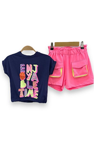 LİTTLE TORTOİSE Неоново розово - Комплект шорти с джобове за момиче