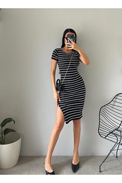 machiavelli فستان صيفي نسائي مخطط باللونين الأبيض والأسود - Yirtmac