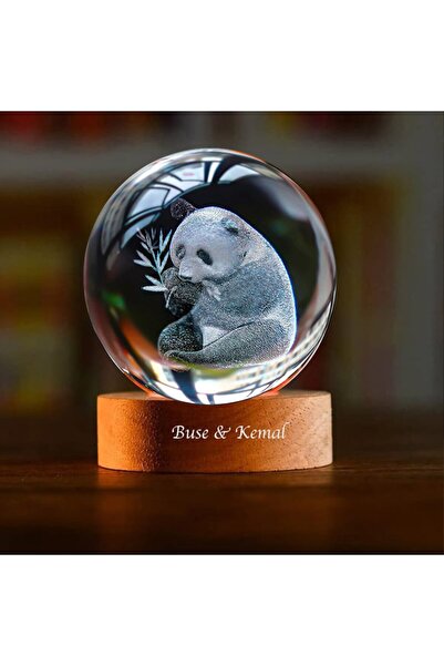 keyfim shop İsme Özel  Ahşap Panda Kristal Cam Küre 6cm