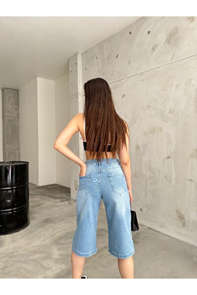 BİKELİFE Pantaloni scurți de damă din denim, largi, cu talie înaltă, sub genunchi