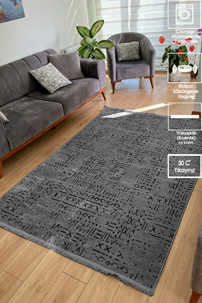 Genel Markalar İskandinav Dokuma Şönil Kaymaz Taban Pamuk Yıkanabilir Antrasi...