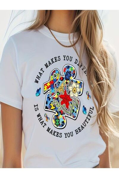 CLASSY.MODA Μπλουζάκι με λευκή στάμπα Oversize - Crew Neck, κοντό μανίκι