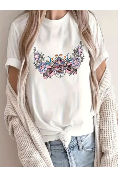 CLASSY.MODA Μπλουζάκι με λευκή στάμπα Oversize - Crew Neck, κοντό μανίκι