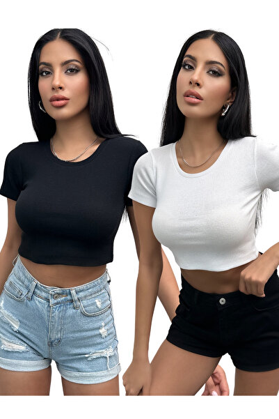 Chicup Bluză cu nervuri crop alb-negru - pachet de 2, decolteu
