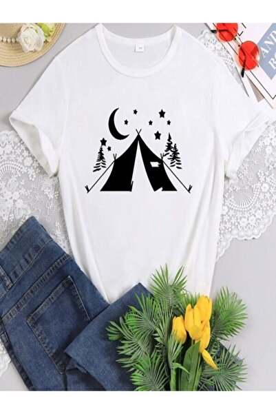 CLASSY.MODA تي شيرت أبيض كبير الحجم مطبوع - رقبة دائرية، كم قصير