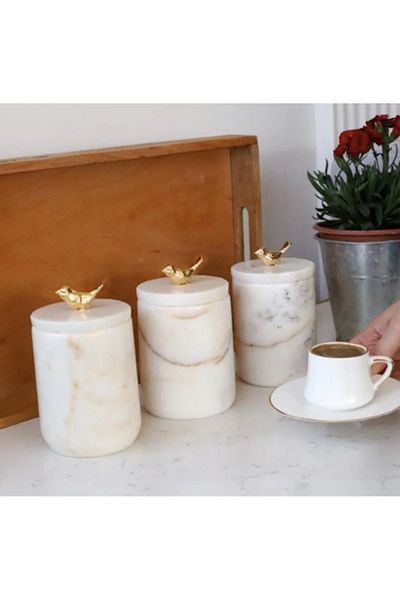 ege gross Decorative White Marble Kuslu 3-Piece Spice Bowl Sugar Bowl Jar Set