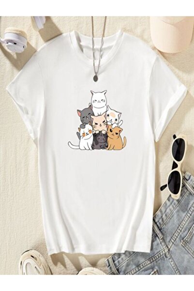 CLASSY.MODA Μπλουζάκι με λευκή στάμπα Oversize - Crew Neck, κοντό μανίκι