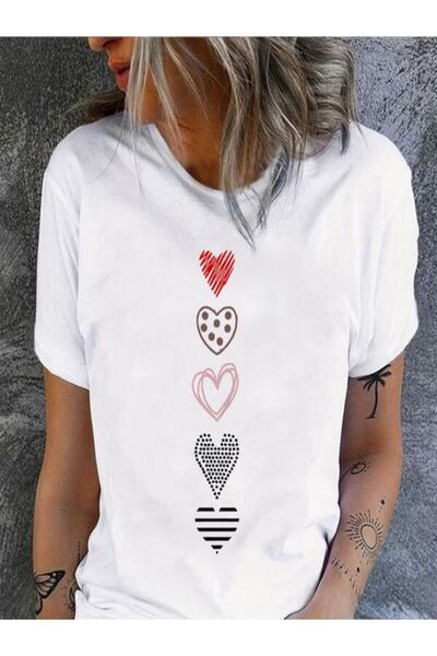 CLASSY.MODA تي شيرت أبيض كبير الحجم مطبوع - رقبة دائرية، كم قصير