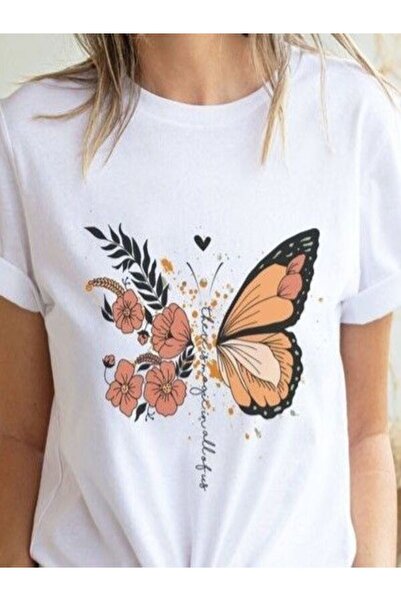 CLASSY.MODA تي شيرت أبيض كبير الحجم مطبوع - رقبة دائرية، كم قصير