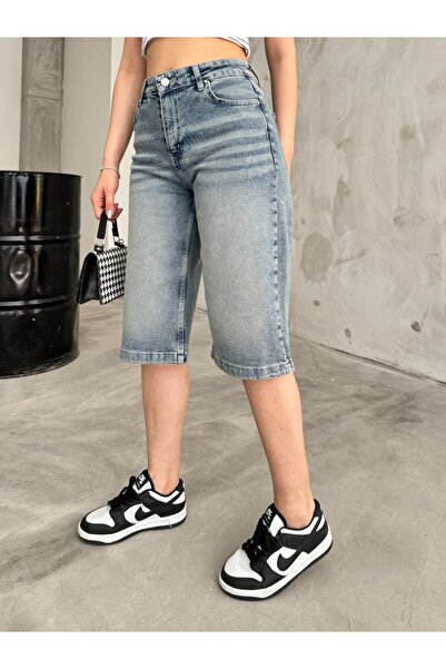 BİKELİFE Pantaloni scurți de damă din denim largi cu talie înaltă - sub genunchi