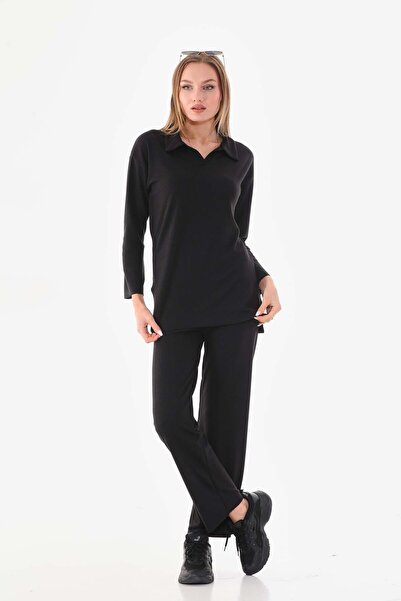 DEVRİMAY TEKSTİL Μαύρο Παντελόνι Τουνίκ με Στριφτό Σχέδιο Σετ